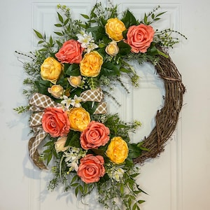 Spring Rose Wreath: Farmhouse Floral Door Decor, 18&quot; Grapevine