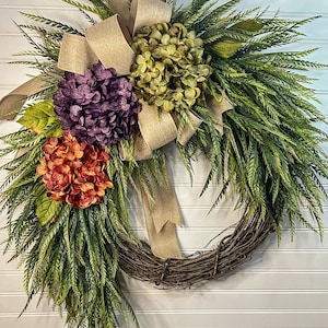 Hydrangea Wreath, Year Round Greenery, Burlap Bow, Farmhouse Decor