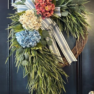 Hydrangea Grapevine Wreath: Farmhouse Striped Bow, Year Round Decor