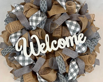 Gray Burlap Mesh Welcome Wreath – Front Door Decor