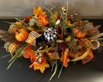 Fall mantel arrangement/ pumpkin centerpiece/ fall centerpiece/ fall swag/ fall mantle swag/ fall decor/ autumn arrangement with leaves
