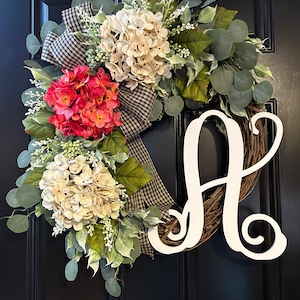 Wreath for Front Door Year Round - Gift - Outdoor Spring Hydrangeas Wreath with Monogram - All Season Grapevine Wreath with Initial, decor