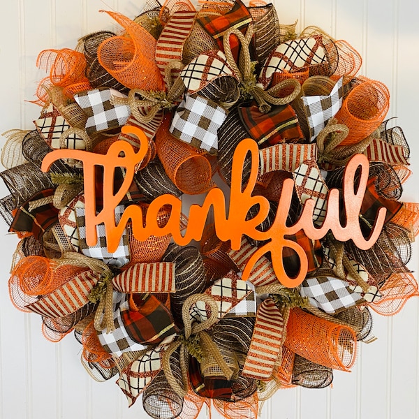 Fall Thanksgiving Deco Mesh Front Door Wreath - Orange Brown Burlap Wreath for Fall - Burlap Thanksgiving wreath Harvest wreath - fall