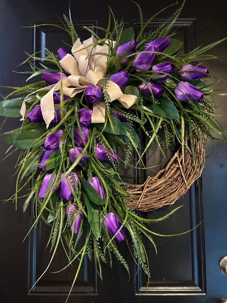 Purple Tulip Spring Wreath for Front Door, Grapevine Floral Door Wreath ...