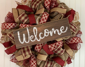 Farmhouse wreath, Buffalo check wreath, year round wreath, burgundy everyday wreath, Buffalo plaid wreath, front door wreath, welcome wreath
