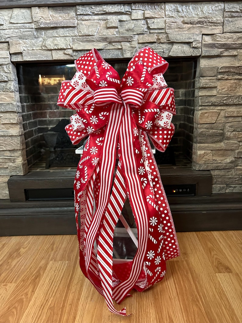 Red and White Christmas Tree Topper Bow, Peppermint Christmas Tree Bow ...
