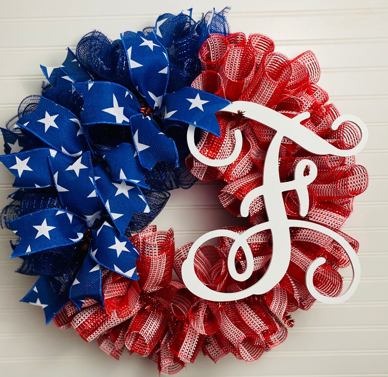 American Flag Monogram Wreath: Patriotic 4th of July Door Decor - Etsy