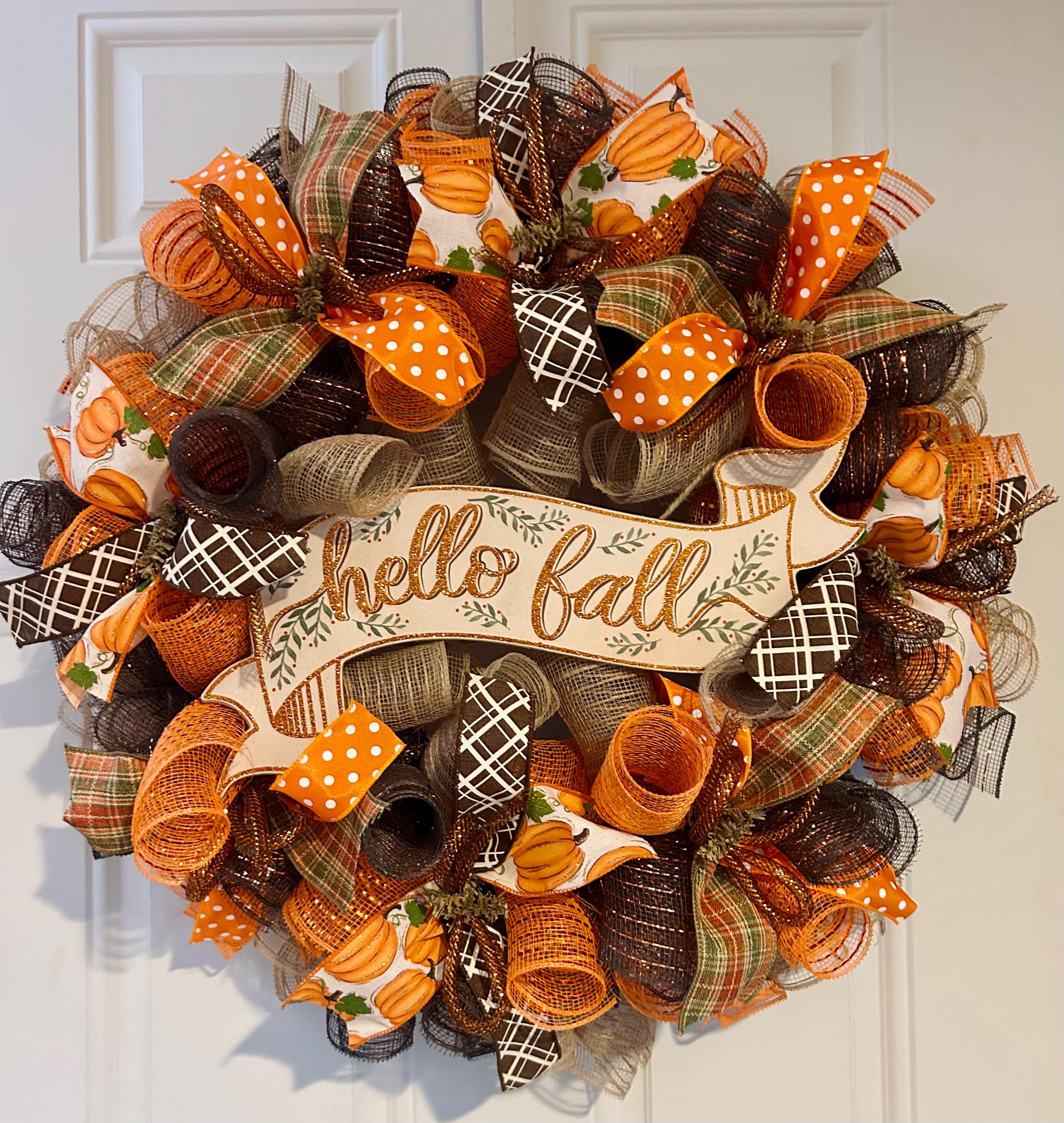 Fall Thanksgiving Mesh Front Door Wreath - Orange Brown Burlap Wreath ...