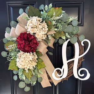 Hydrangea Grapevine Wreath with Monogram - Year Round Front Door Decor