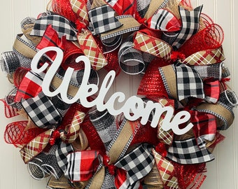 Buffalo Check Farmhouse Wreath, Red Black Plaid Door Decor