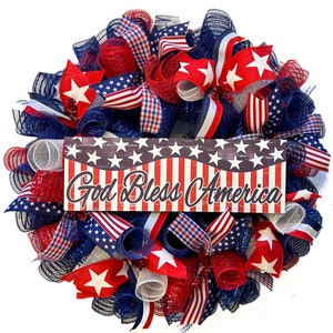 Patriotic Wreath: Red White Blue Deco Mesh, 4th of July Decor