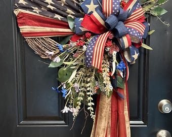 American Flag Wreath, Memorial Day Wreath, Red White Blue Front Door Wreath, 4th of July Wreath, Veterans, Independence Day Flag Wreath