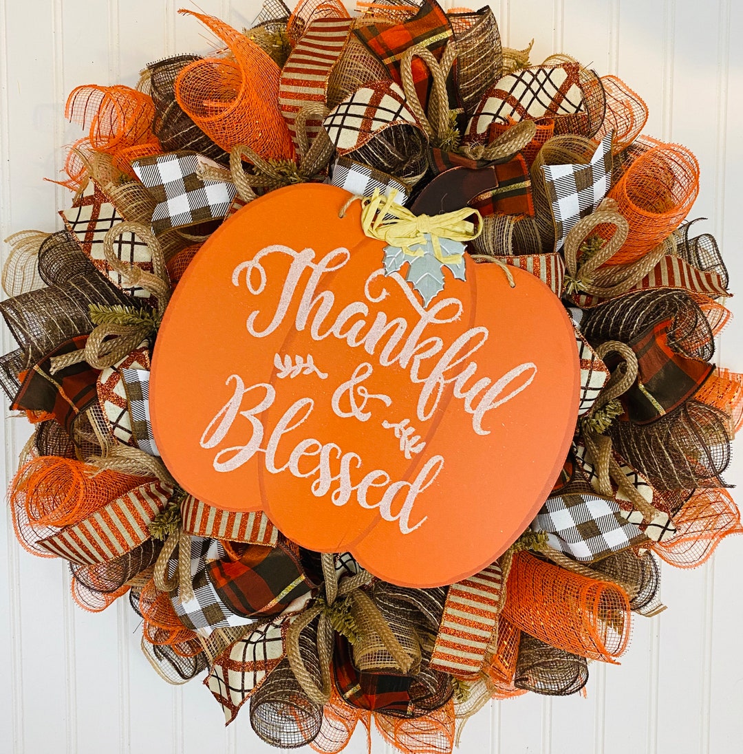 Fall Thanksgiving Mesh Front Door Wreath - Orange Brown Burlap Wreath ...
