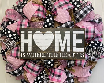 Buffalo Check Burlap Farmhouse Wreath: Pink & Black Front Door Decor