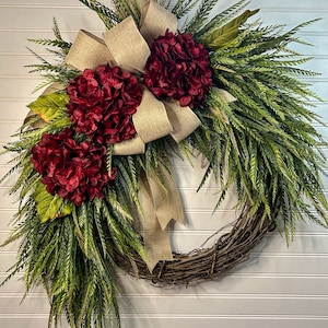Hydrangea Farmhouse Wreath: Burlap Bow, Year Round Front Door Decor