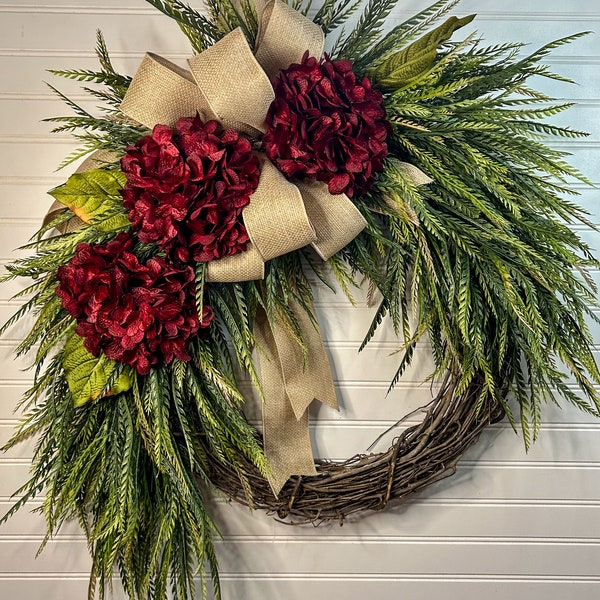 Hydrangea Farmhouse Wreath: Burlap Bow, Year Round Front Door Decor