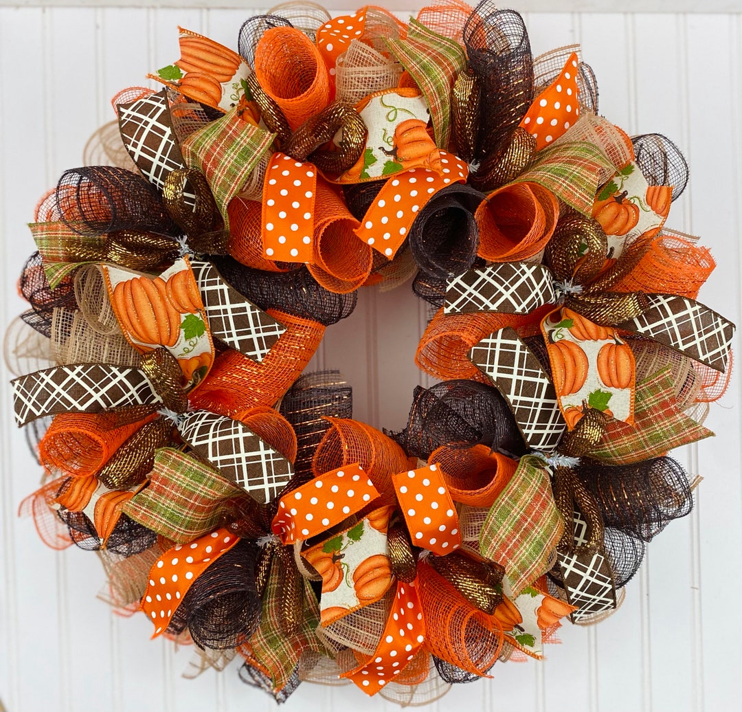 Fall Thanksgiving Mesh Front Door Wreath - Orange Brown Burlap Wreath ...