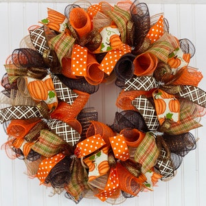 Fall Thanksgiving mesh front door wreath - orange brown burlap wreath for fall - fall wreaths - thanksgiving wreath - autumn wreath