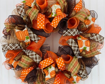 Fall Thanksgiving mesh front door wreath - orange brown burlap wreath for fall - fall wreaths - thanksgiving wreath - autumn wreath