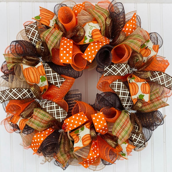 Fall Thanksgiving mesh front door wreath - orange brown burlap wreath for fall - fall wreaths - thanksgiving wreath - autumn wreath