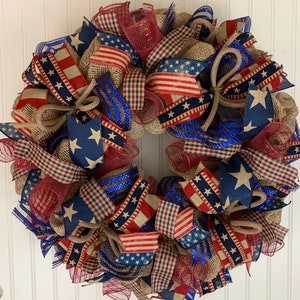 Rustic patriotic wreath, rustic wreaths, burlap Americana wreath, rustic Fourth of July wreath, 4th of July farmhouse wreath, front door