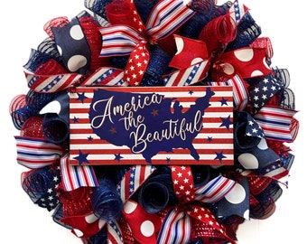 Red White Blue Wreath, 4th of July Wreath, Independence Day Decor, Memorial Day, Patriotic Wreath, Flag Wreath, Summer Front Door Wreath