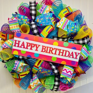 Birthday wreath for front door - happy birthday decor - happy birthday wreath - birthday wreaths - Buffalo check birthday door decorations