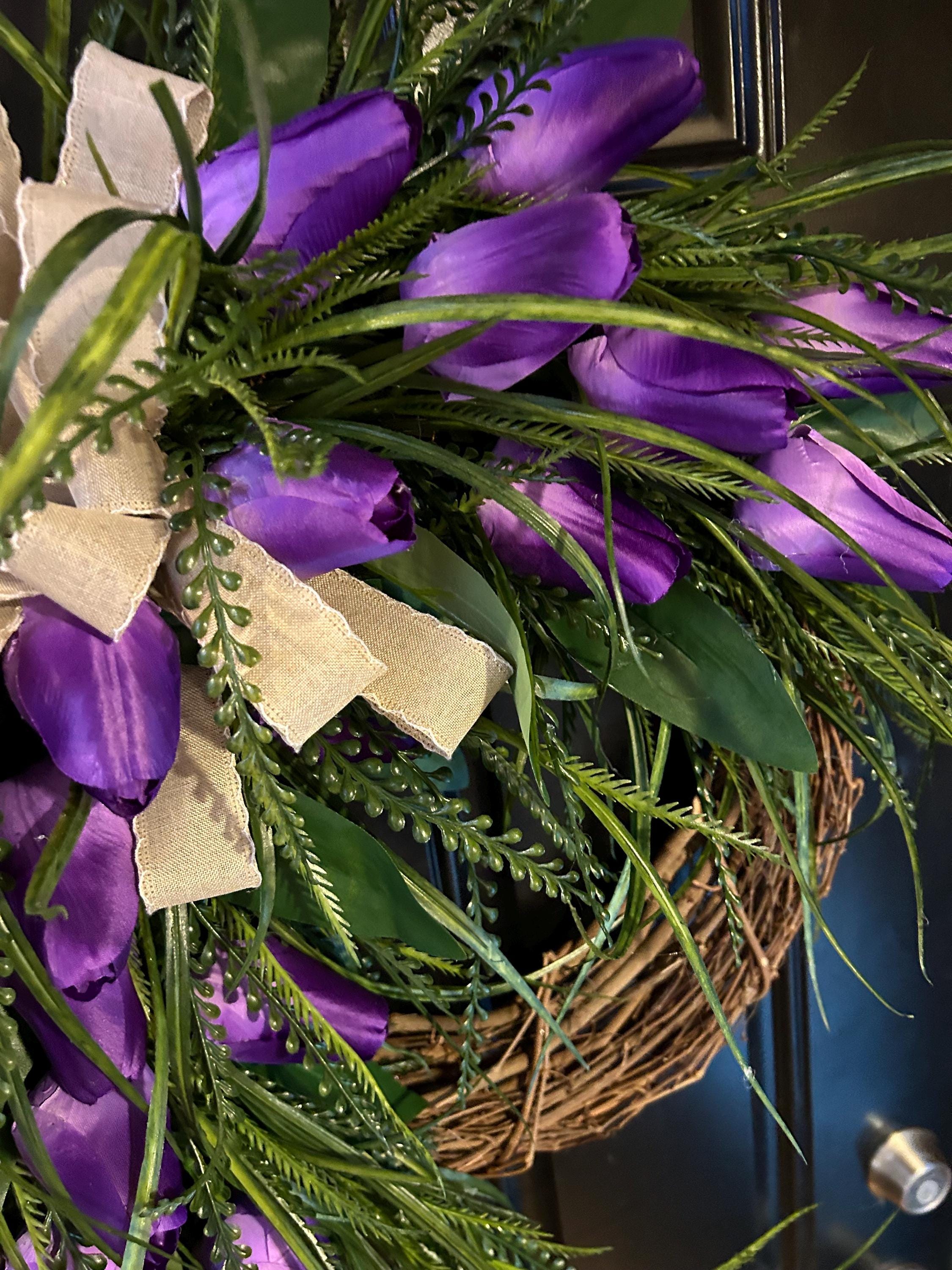 Purple Tulip Spring Wreath for Front Door, Grapevine Floral Door Wreath ...