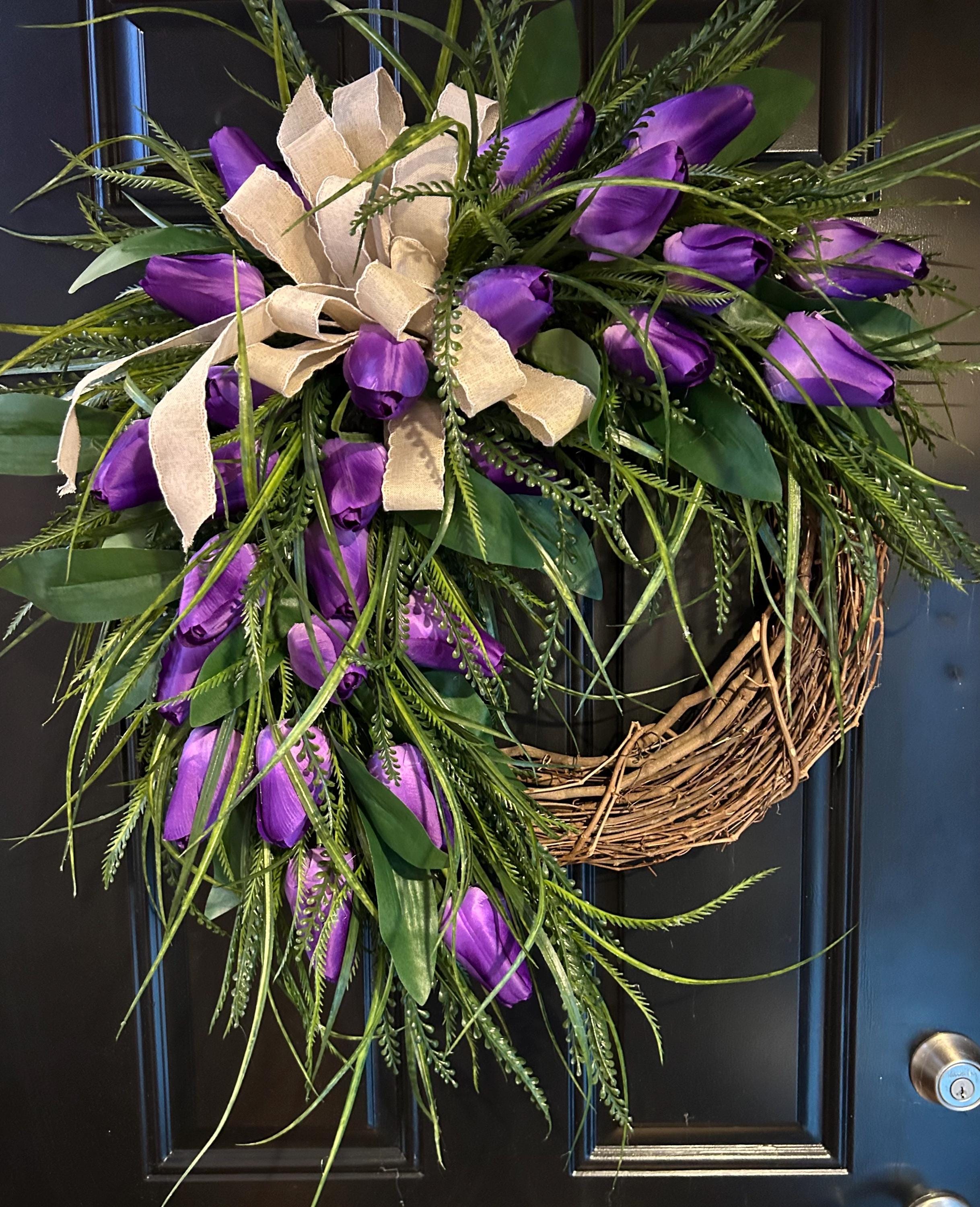 Purple Tulip Spring Wreath for Front Door, Grapevine Floral Door Wreath ...