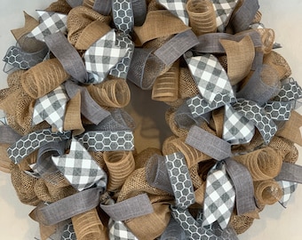 Buffalo Check Burlap Mesh Wreath – Farmhouse Welcome Wreath
