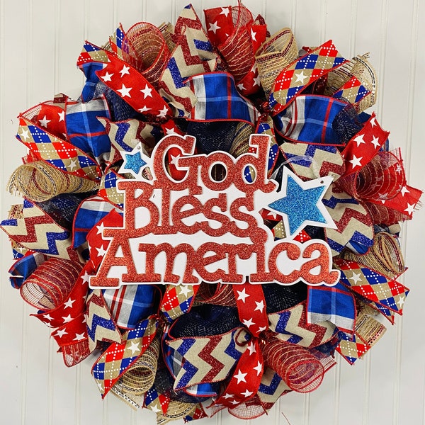 Patriotic wreath, 4th of July wreath, God bless America wreath, patriotic decor, 4th of July decor, Fourth of July wreath, red white blue