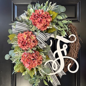 Hydrangea Grapevine Wreath: Farmhouse Front Door Decor, Monogram Option