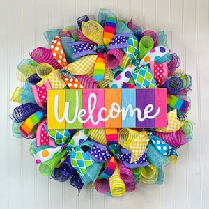 Rainbow welcome wreath for front door, summer wreath, front door wreath, rainbow welcome wreath, spring decor, summer decor