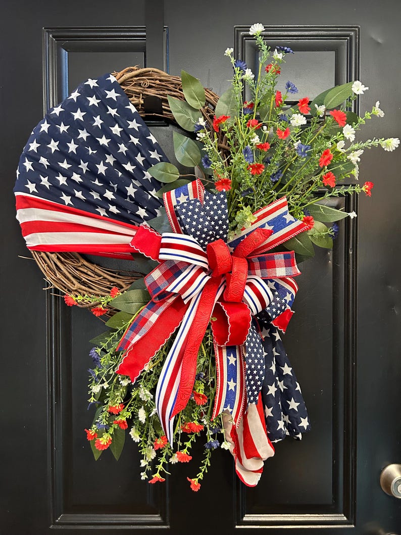 Patriotic Wreath for Front Door, July 4th Red White Blue Floral Summer ...