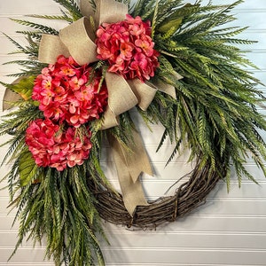 Hydrangea Wreath, Burlap Bow, Farmhouse Front Door Decor