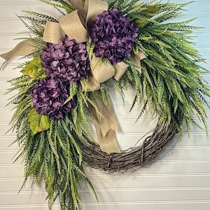 Hydrangea Wreath: Farmhouse Front Door Decor with Burlap Bow