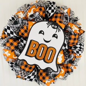 Halloween wreath, Halloween wreaths for front door, Buffalo check, front door wreath, boo wreath, ghost wreath, orange and black wreath