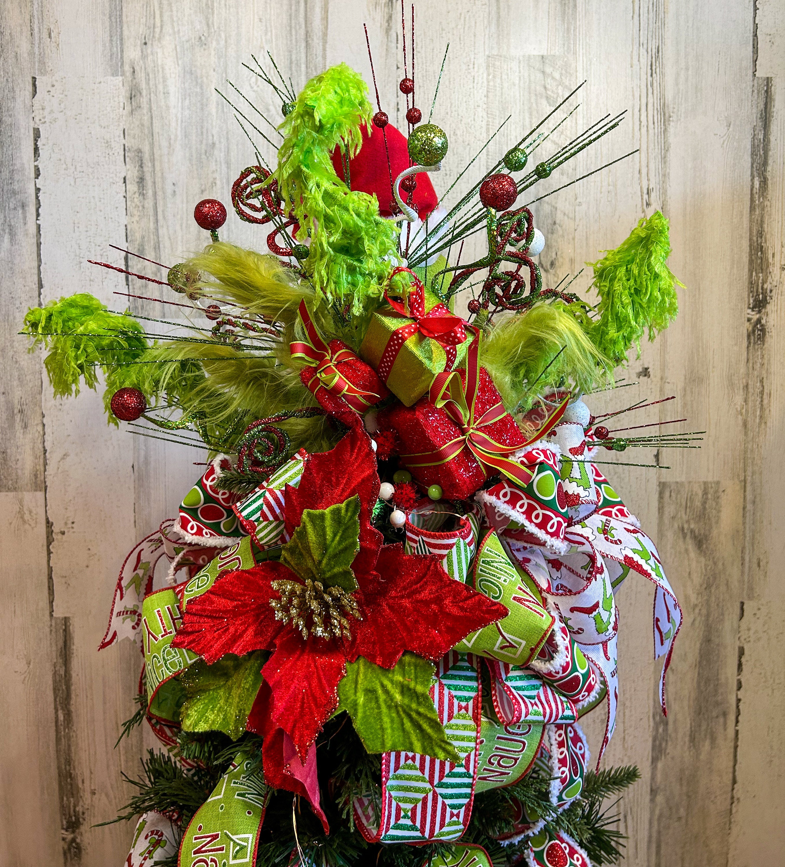 Grinch Christmas Tree Topper, Poinsettia Bow Decor - Etsy