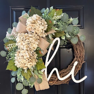 Hydrangea Grapevine Wreath with Monogram - Farmhouse Front Door Decor