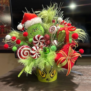 grinch centerpiece-Grinch arrangement ~ lime green and red Whimsical Decor for mantel - Merry grinchmas Christmas decorations- grinch decor