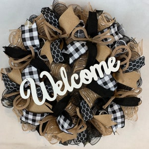 Buffalo Check Welcome Wreath: Farmhouse Door Decor (24-25”)