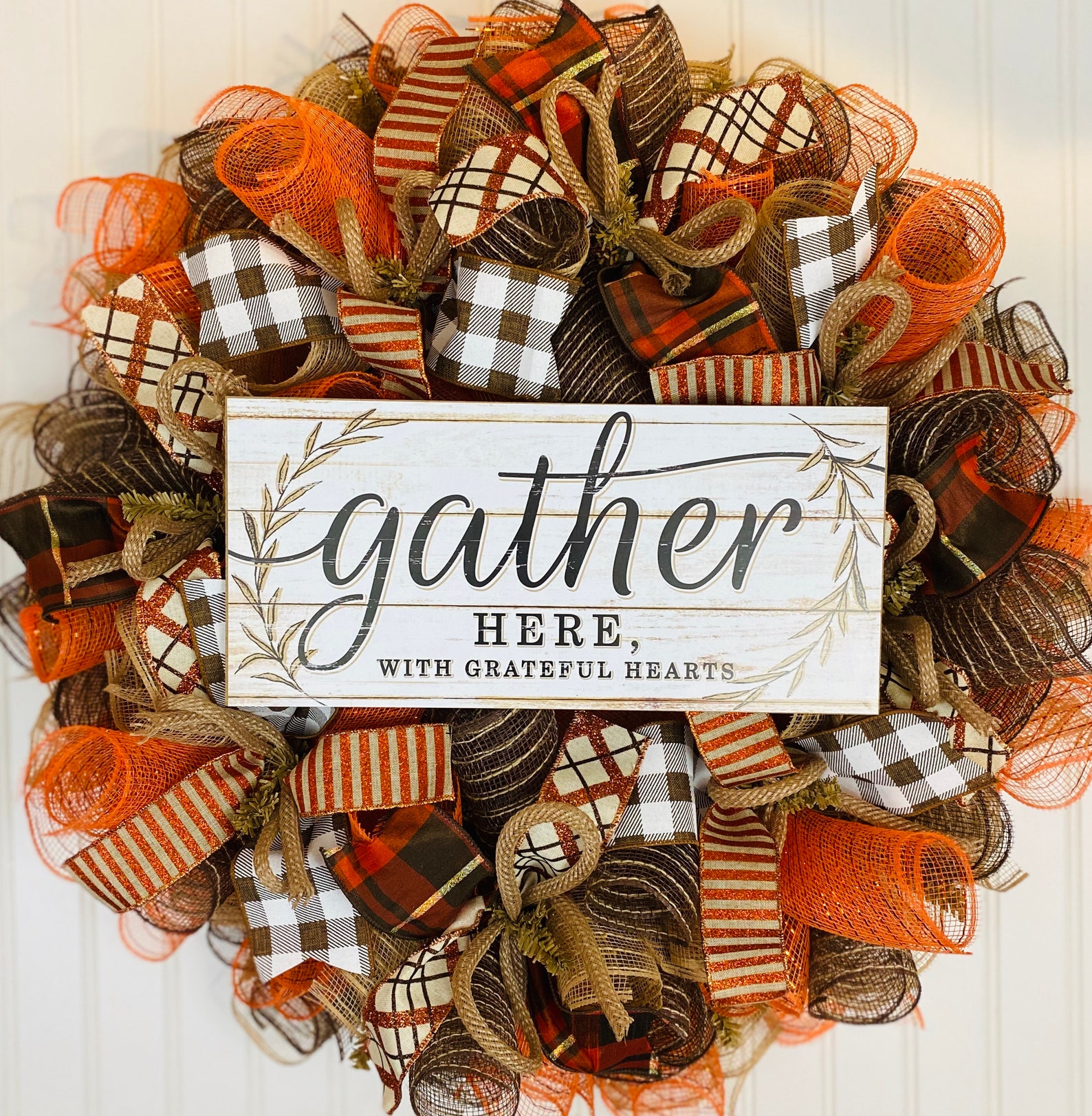 Fall Thanksgiving Mesh Front Door Wreath Orange Brown Burlap Etsy