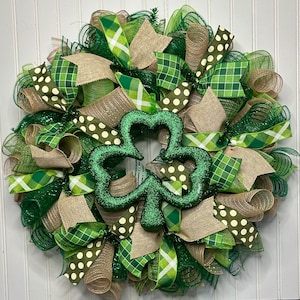 St. Patrick&#39;s Deco Mesh Wreath With Shamrock/St Patrick&#39;s Wreath/Spring Wreath/Green Wreath/Saint Patricks Day Wreath