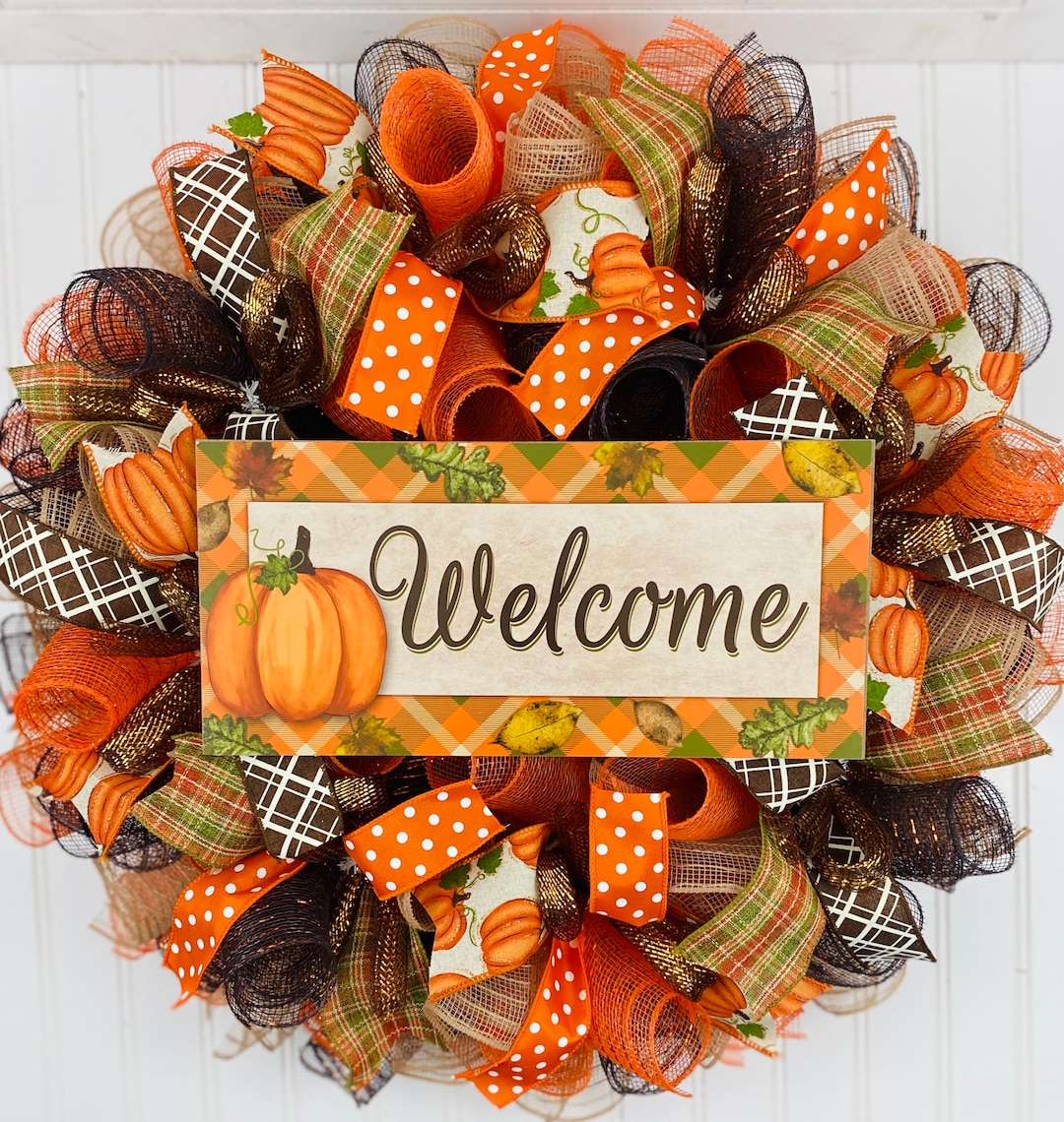Fall Thanksgiving Mesh Front Door Wreath - Orange Brown Burlap Wreath ...
