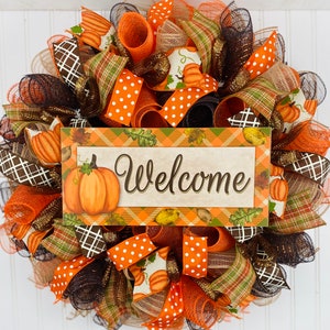 Fall Thanksgiving mesh front door wreath - orange brown burlap wreath for fall - fall wreaths - thanksgiving wreath - autumn wreath