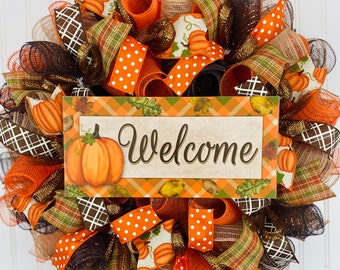 Fall Thanksgiving mesh front door wreath - orange brown burlap wreath for fall - fall wreaths - thanksgiving wreath - autumn wreath