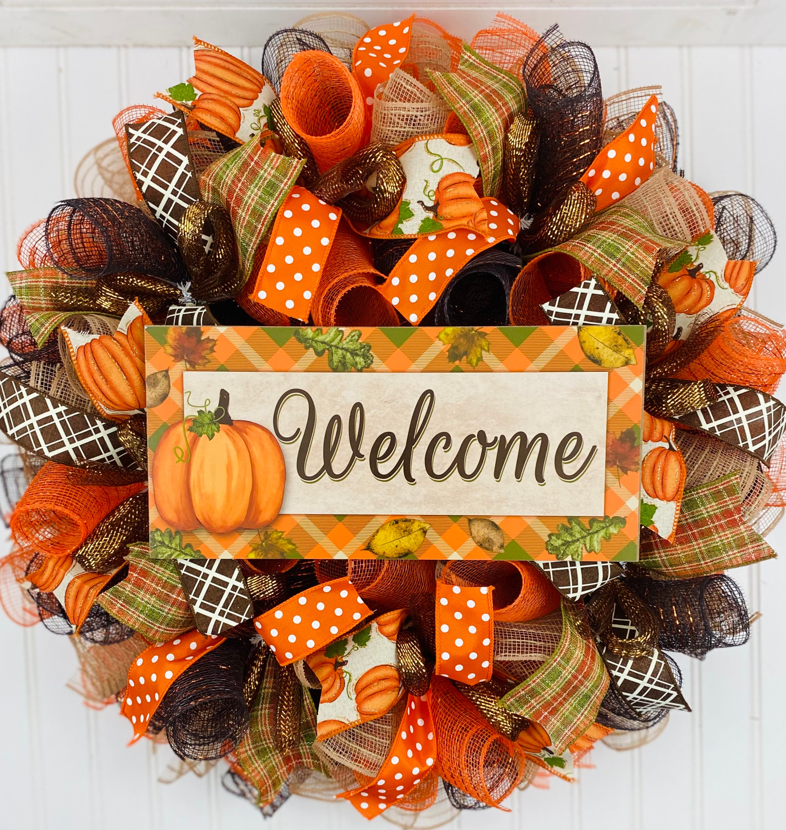 Fall Thanksgiving mesh front door wreath - orange brown burlap wreath for fall - fall wreaths - thanksgiving wreath - autumn wreath