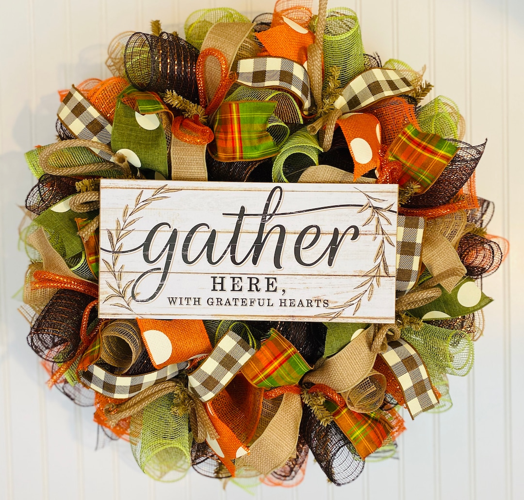 Fall Thanksgiving Deco Mesh Front Door Wreath - Orange Brown Burlap ...