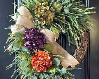 Hydrangea Fall Wreath: Farmhouse Burlap Door Decor