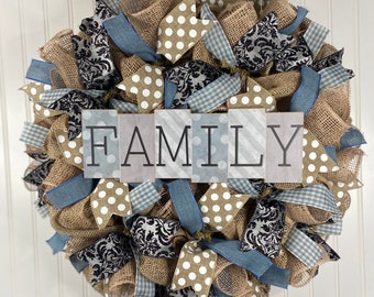 Everyday wreath, everyday burlap Blue  and white wreath, door wreath, farmhouse wreath, year round burlap wreath, navy Buffalo check wreath